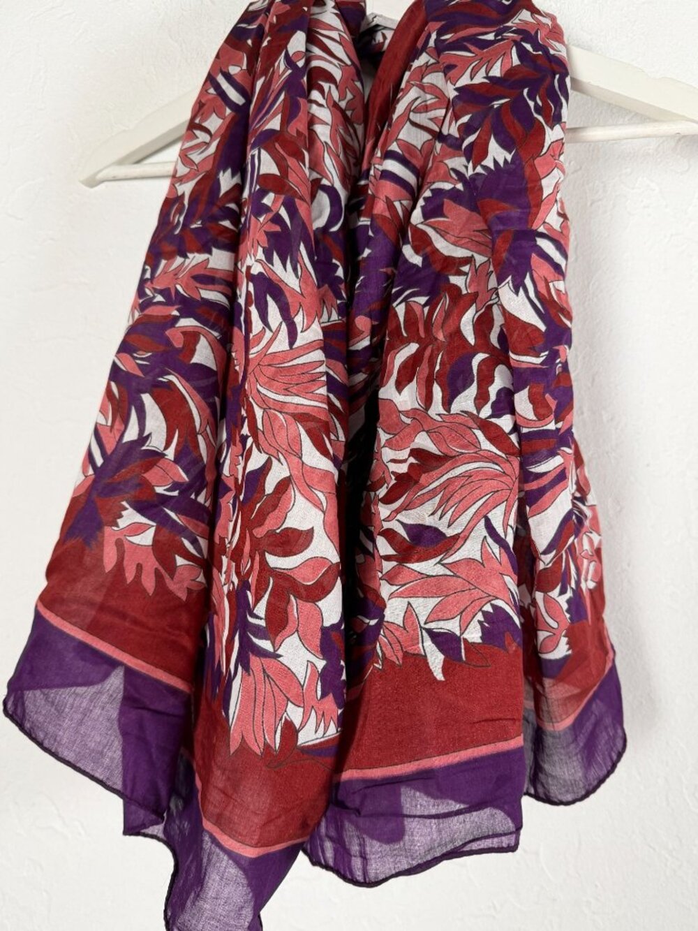 Tropical Leaf Print Scarf Burgundy Purple Pink Square Wrap 50x50 Lightweight